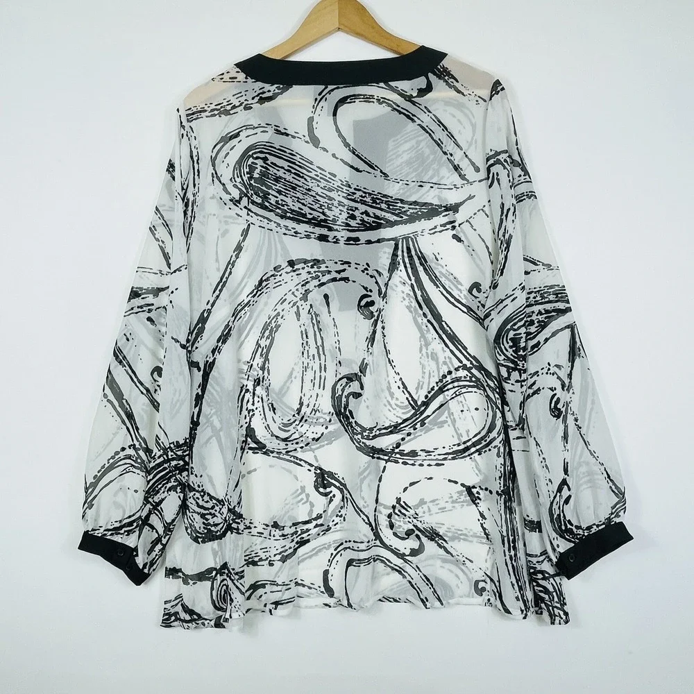 Lane Bryant Women 18 20 Shirt White Black Swirl‎ Sheer Long Sleeve Boho Flowy